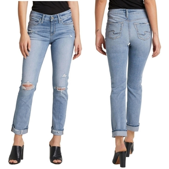 Silver Avery Straight High Rise Crop Distressed Light Wash Jean Size 30 - Picture 3 of 16